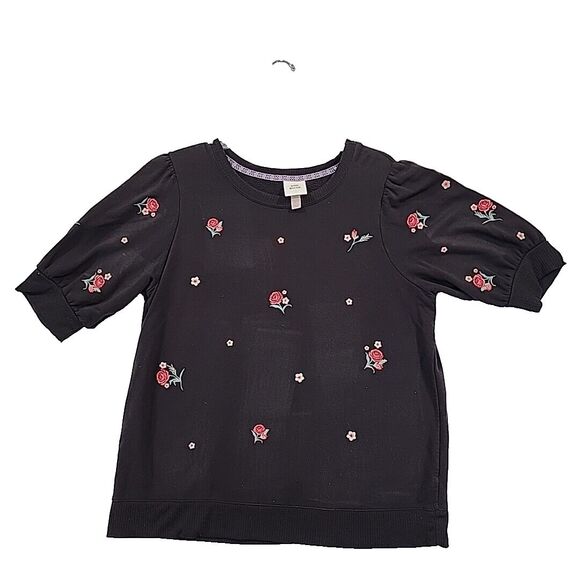 Knox Rose Sweaters - Knox Rose Sweater Floral Embroidered Cotton Top Black Pullover Womens Large Boho